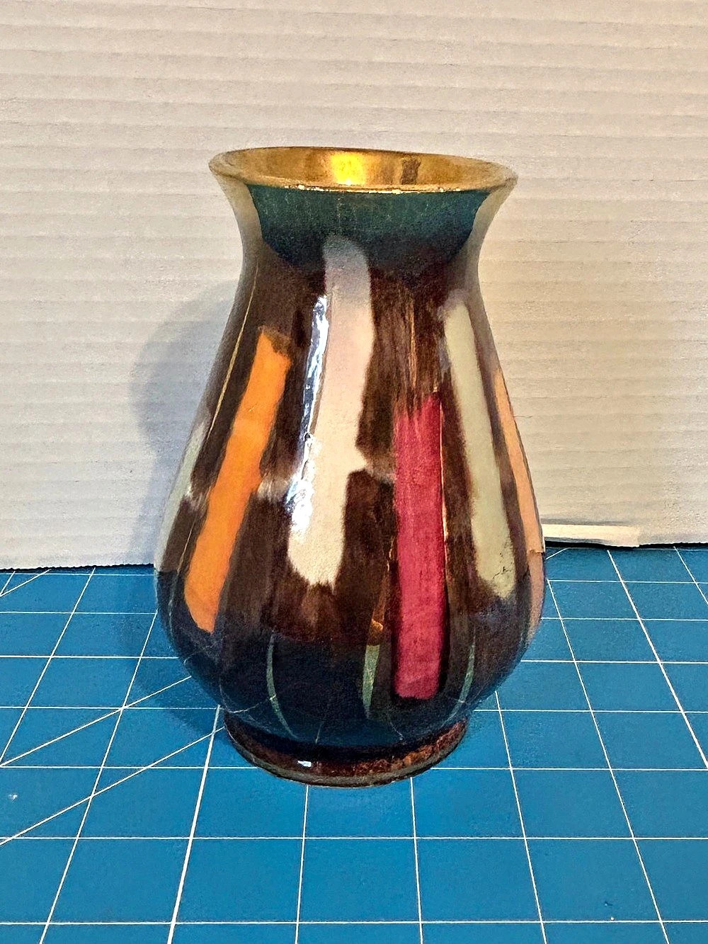 MCM West German pottery Color Block Glazed Vase in Brown & Gold